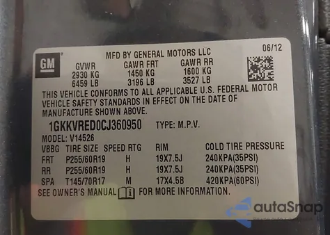 2012 GMC Acadia Slt-1 from USA, damaged, VIN 1GKKVRED0CJ360950